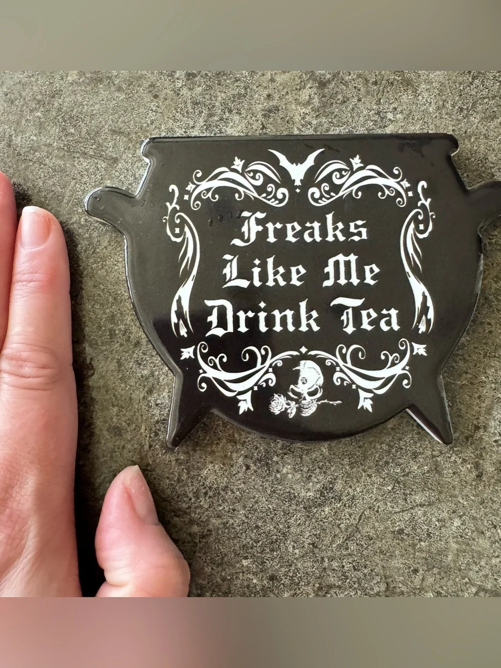 Freaks Like Me Drink Tea Ceramic Coaster Skull Bat Witchy Halloween